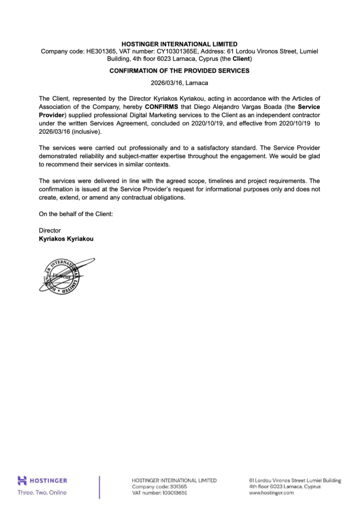 Credentials recommandation letter diego boada hostinger